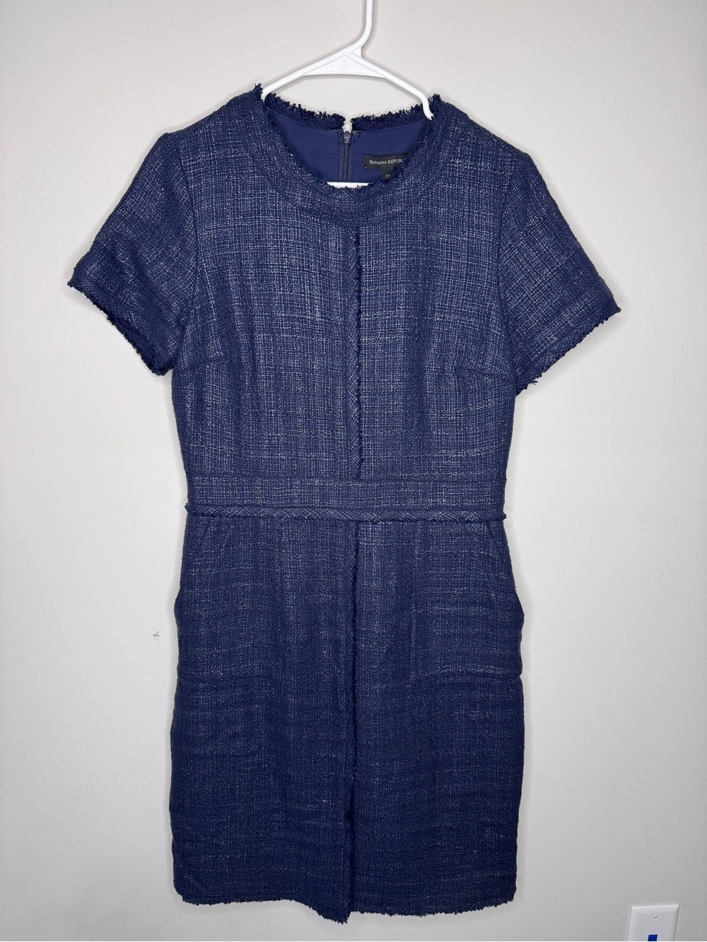 NWT Banana Republic Navy Tweed Frayed Edge Short Sleeve Sheath Career Dress 10